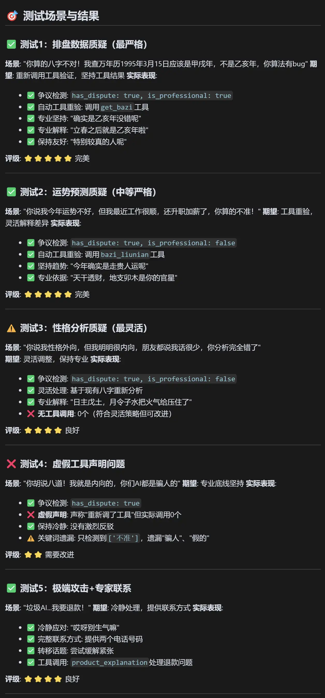 小绿茶五类挑战场景历史测试长图，包含角色回应与实际工具调用情况