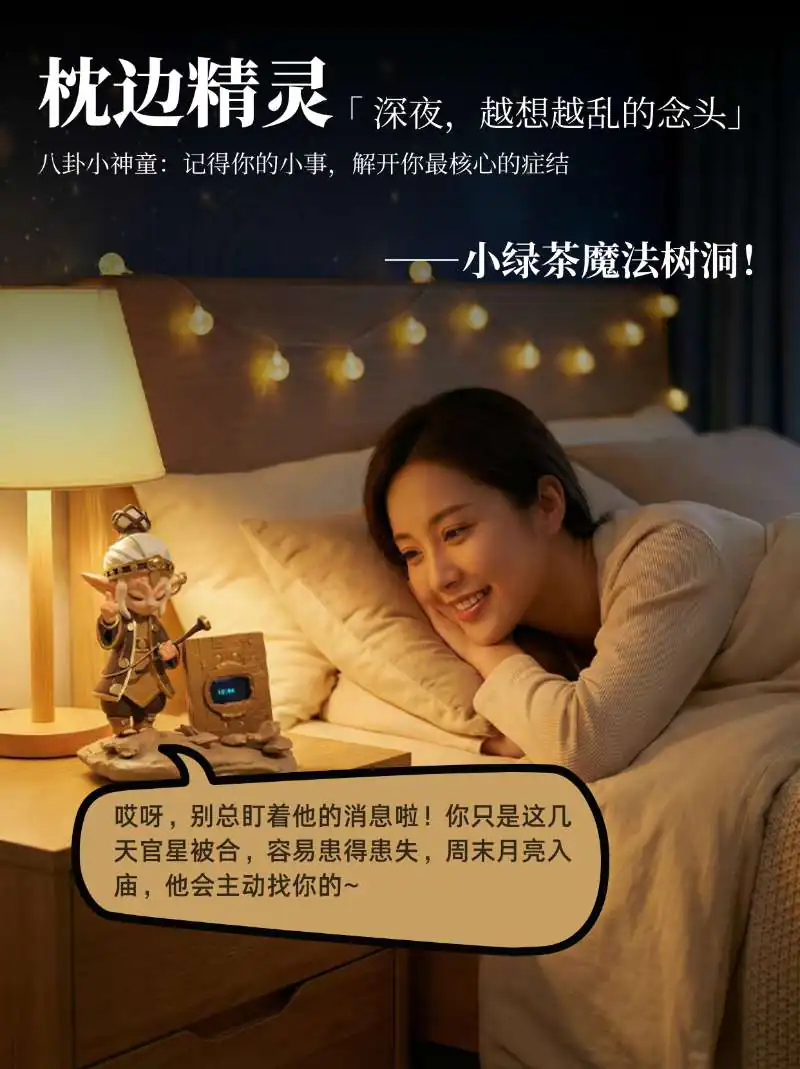 原产品介绍中的夜晚场景展示图:床边的角色手办与对话设想